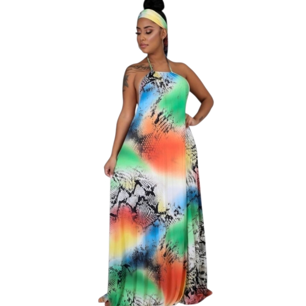 Multi colored dress strings around the neck and detachable tie